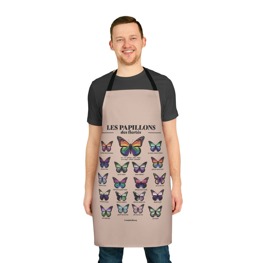 A stylish and fashionable apron featuring a pride flag design with butterflies, perfect for LGBTQ+ kitchen and home.