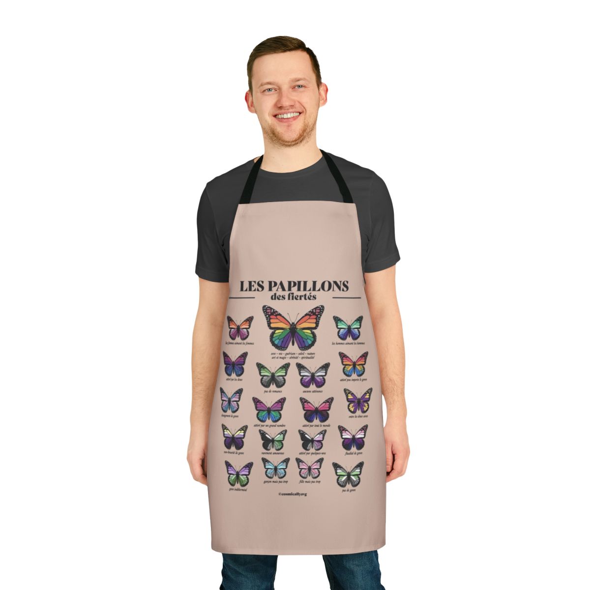A stylish and fashionable apron featuring a pride flag design with butterflies, perfect for LGBTQ+ kitchen and home.