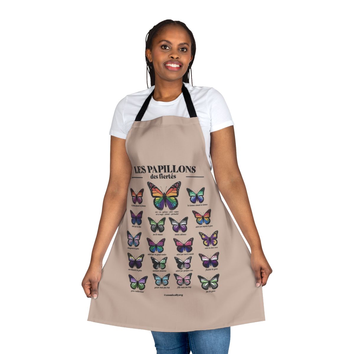 A stylish and fashionable apron featuring a pride flag design with butterflies, perfect for LGBTQ+ kitchen and home.
