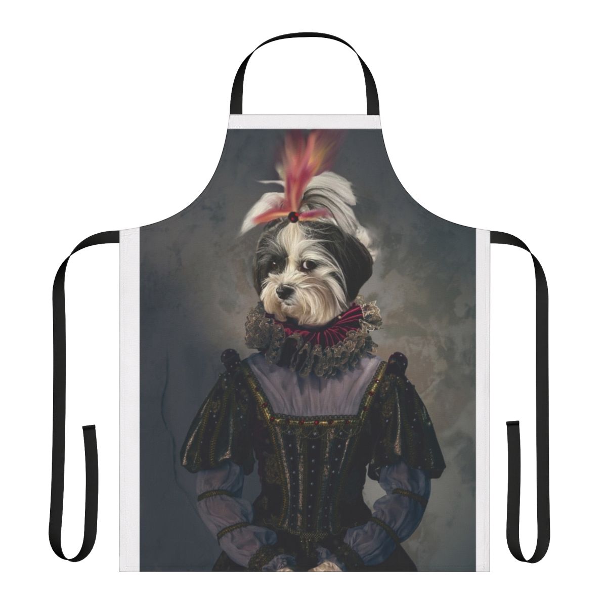 A dog wearing a princess-themed apron