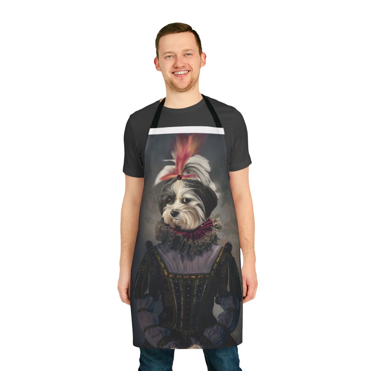 A dog wearing a princess-themed apron