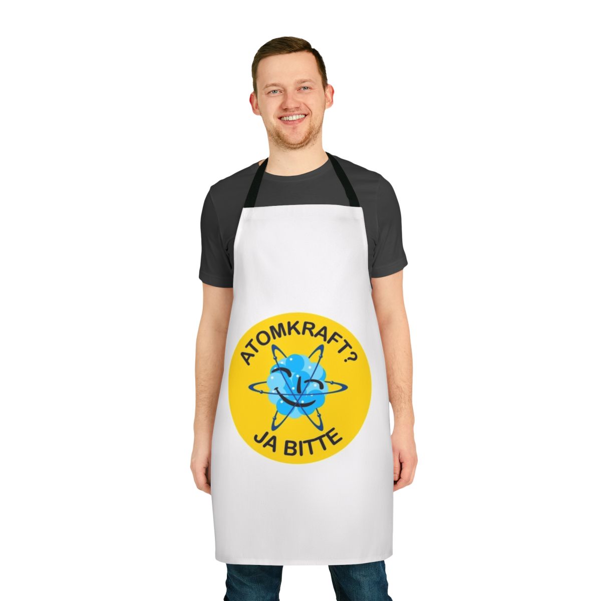 Atomic power themed apron with pro-nuclear slogan and design