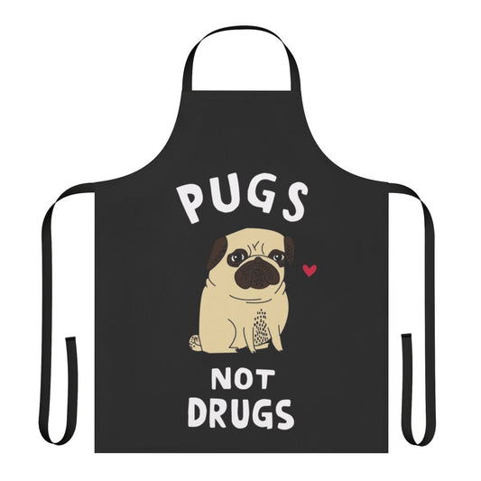 Pug-themed apron featuring the text "Pugs Not Drugs"