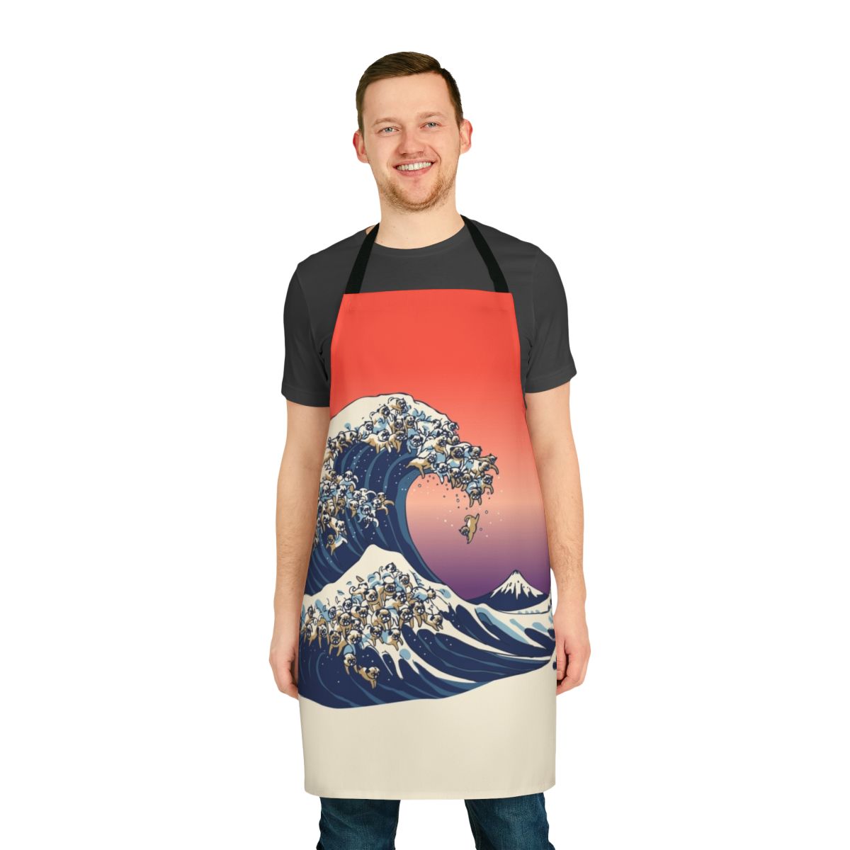 Pug wave apron featuring the iconic Japanese wave design