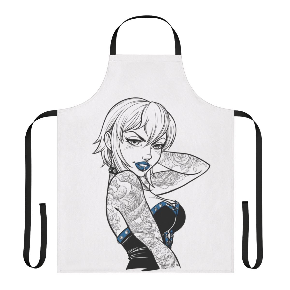 Punk-themed apron with tattoo and piercing design