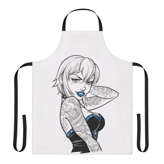 Punk-themed apron with tattoo and piercing design