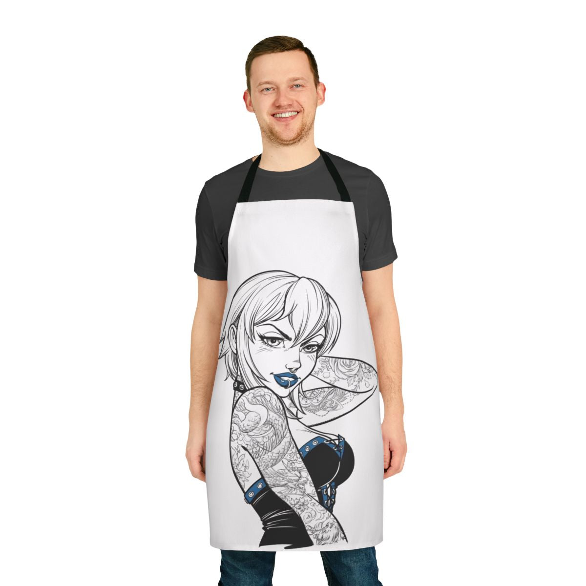 Punk-themed apron with tattoo and piercing design