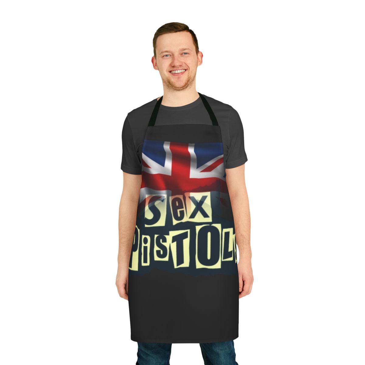 Apron featuring a bold, punk-inspired design with the word "Pistols"
