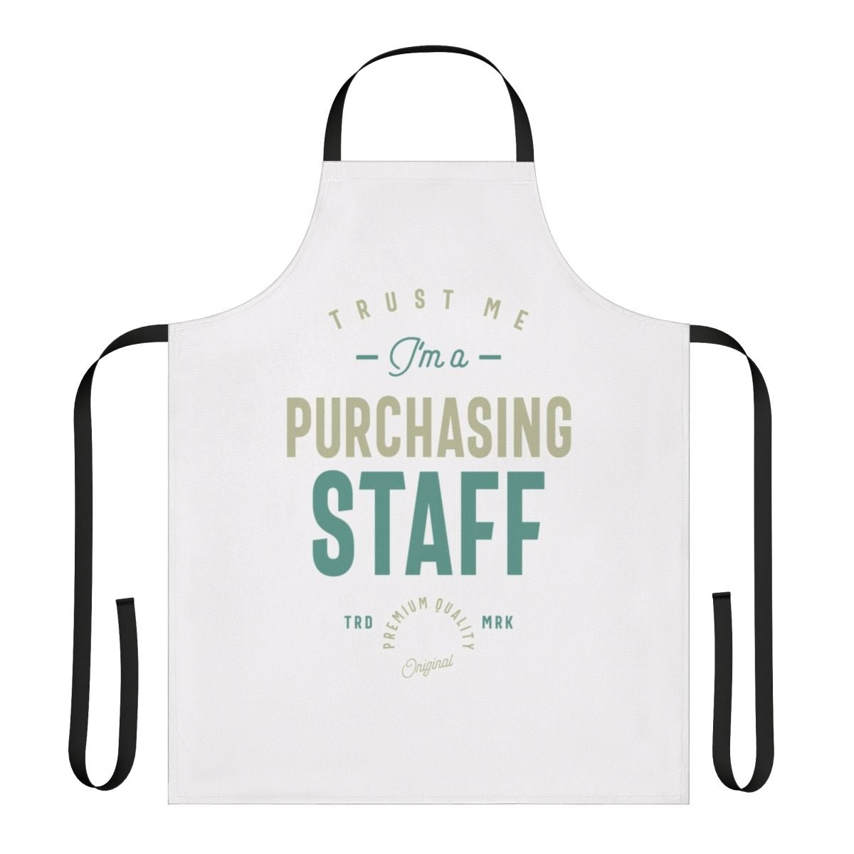 Purchasing staff wearing a high-quality apron with a professional typography design