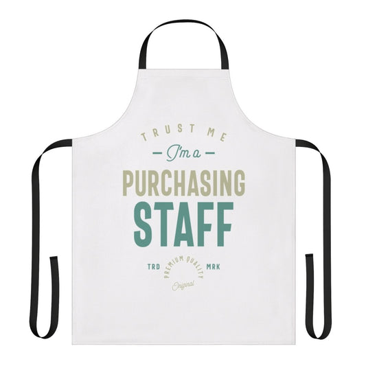 Purchasing staff wearing a high-quality apron with a professional typography design
