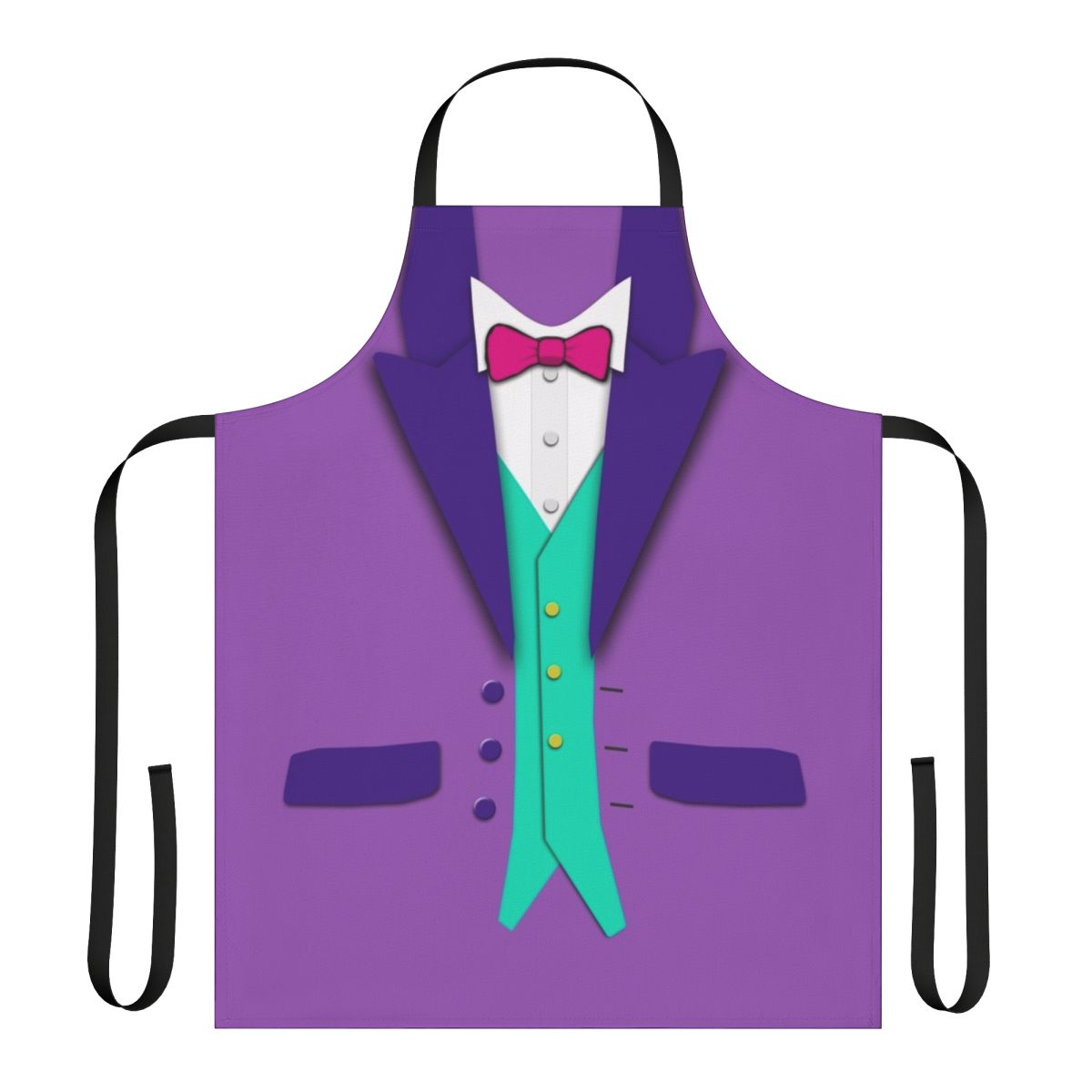 Purple tuxedo-inspired apron with bowtie and vest design