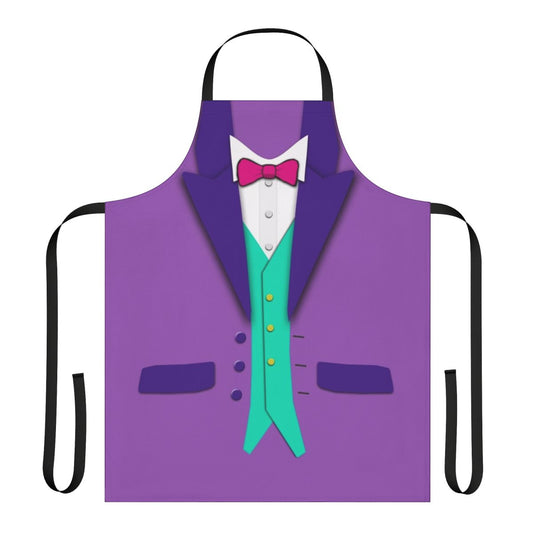 Purple tuxedo-inspired apron with bowtie and vest design