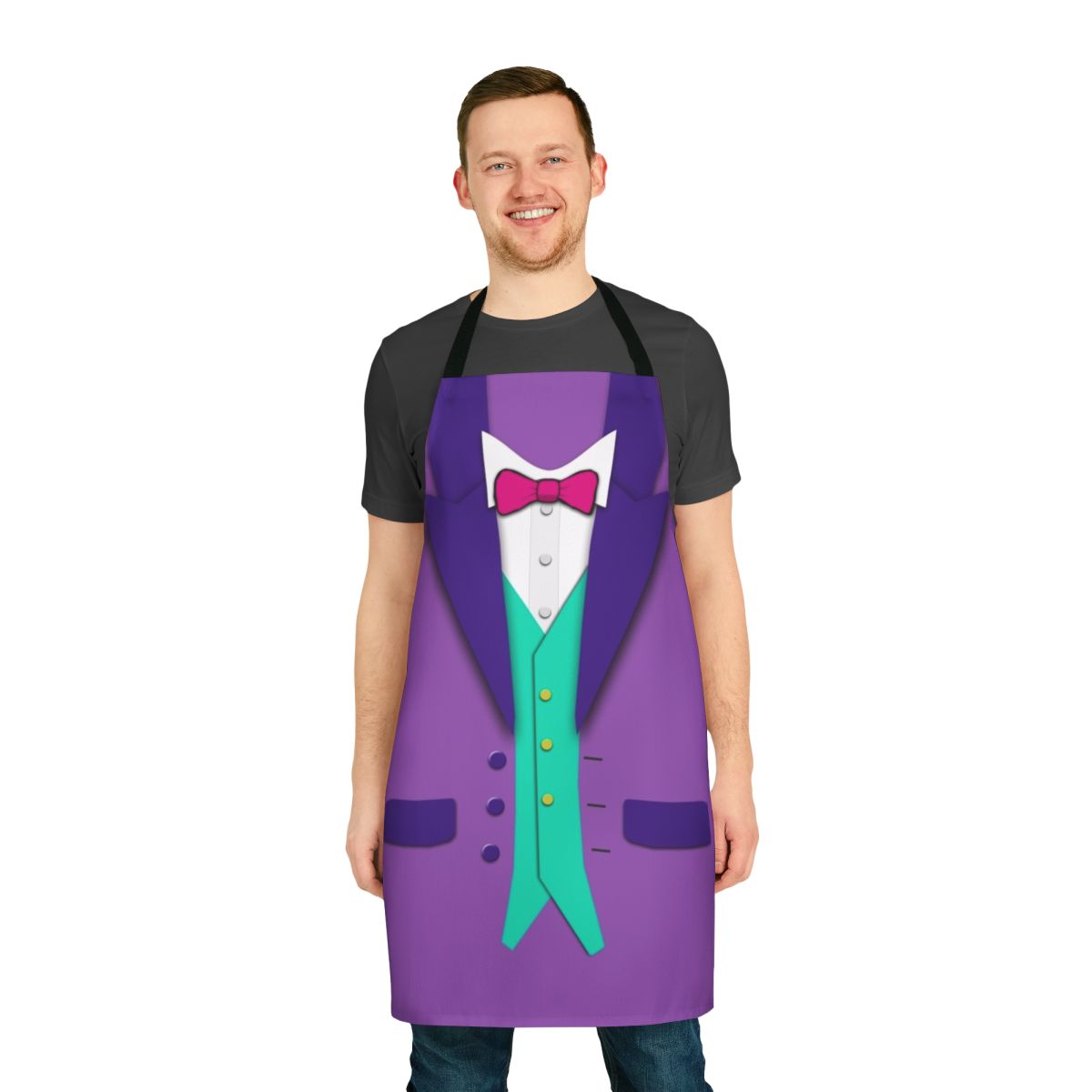 Purple tuxedo-inspired apron with bowtie and vest design