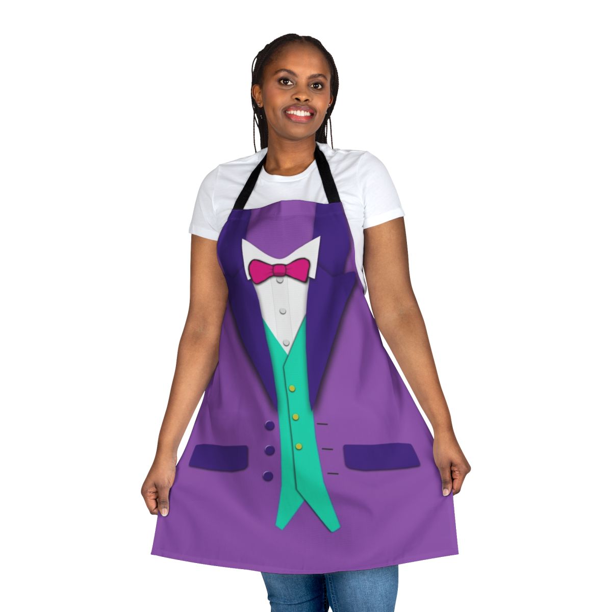 Purple tuxedo-inspired apron with bowtie and vest design