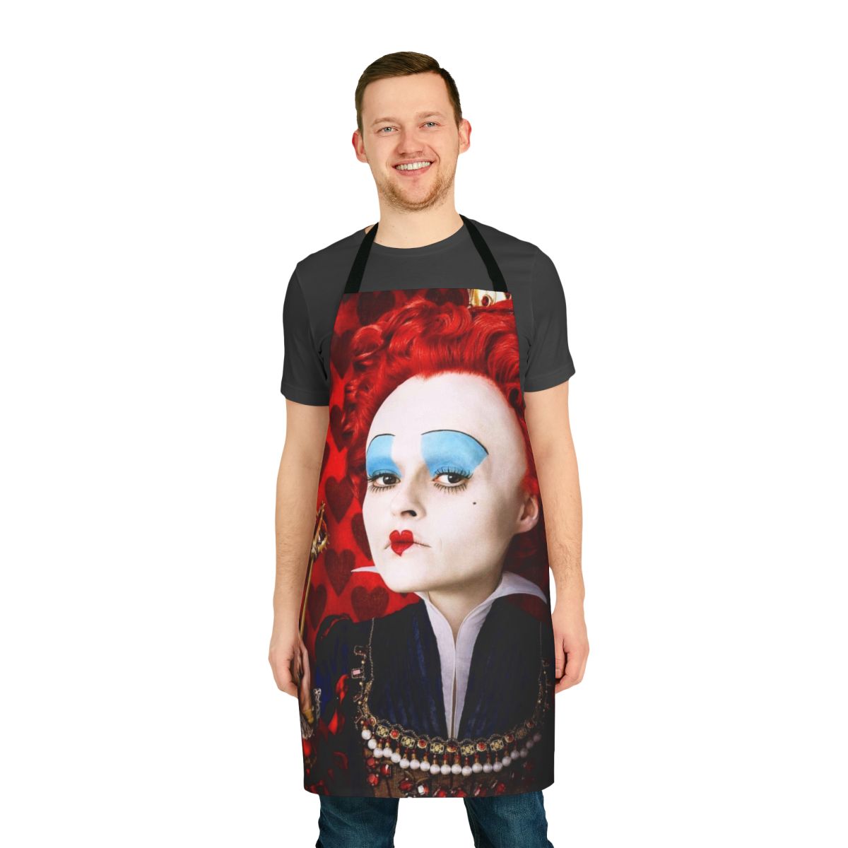 Stylish Queen of Hearts inspired red apron with playing card heart designs