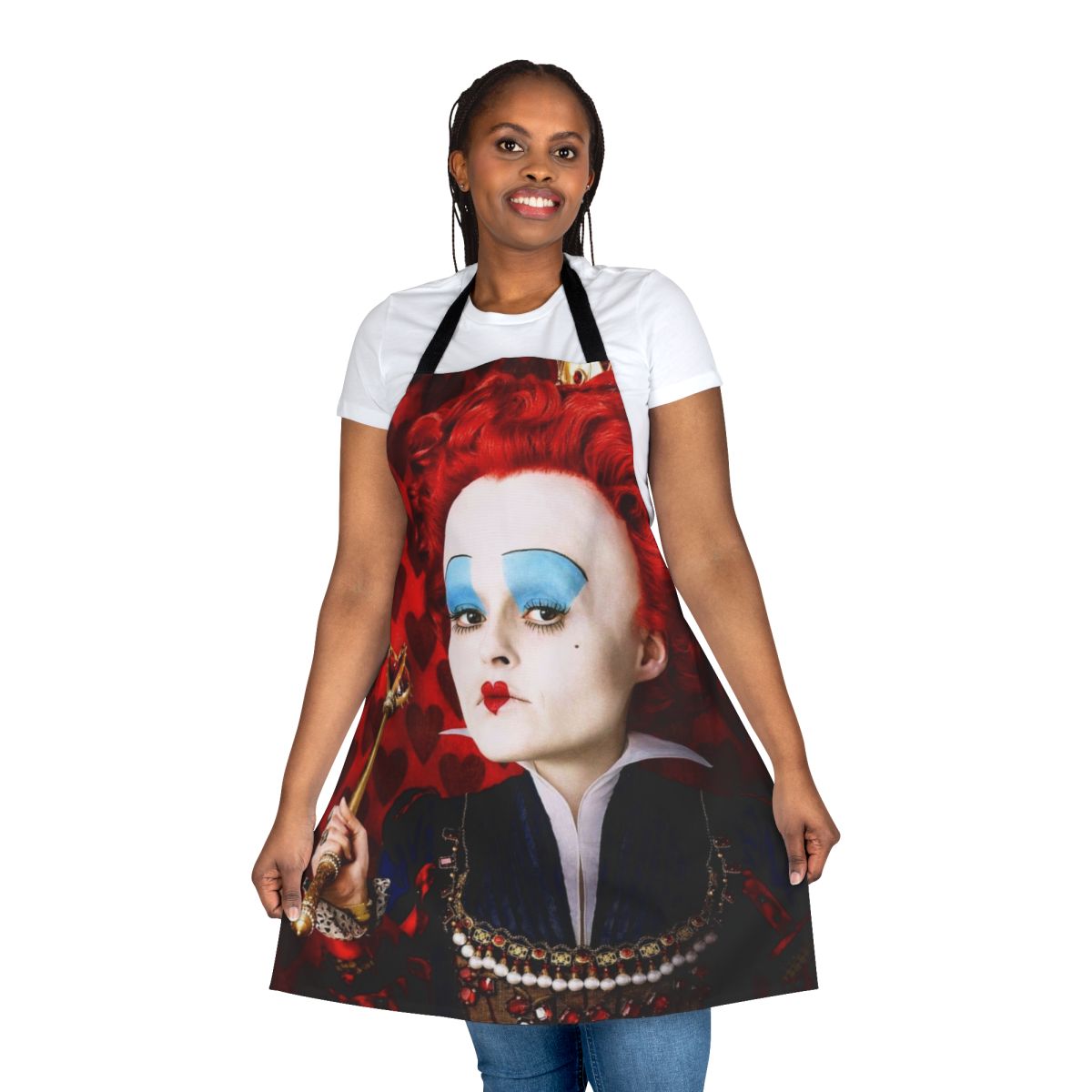 Stylish Queen of Hearts inspired red apron with playing card heart designs