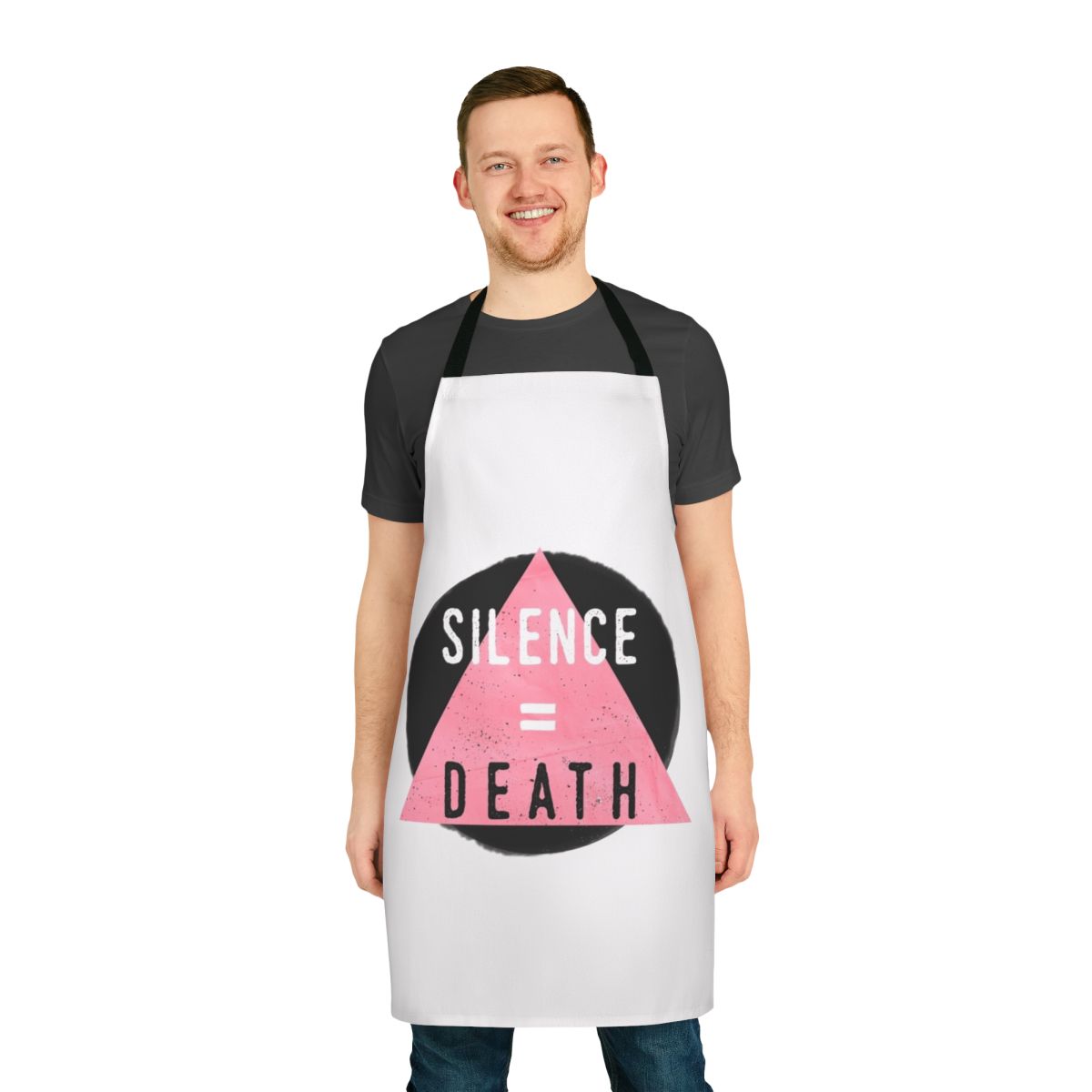 Queer pride apron with "Silence = Death" design