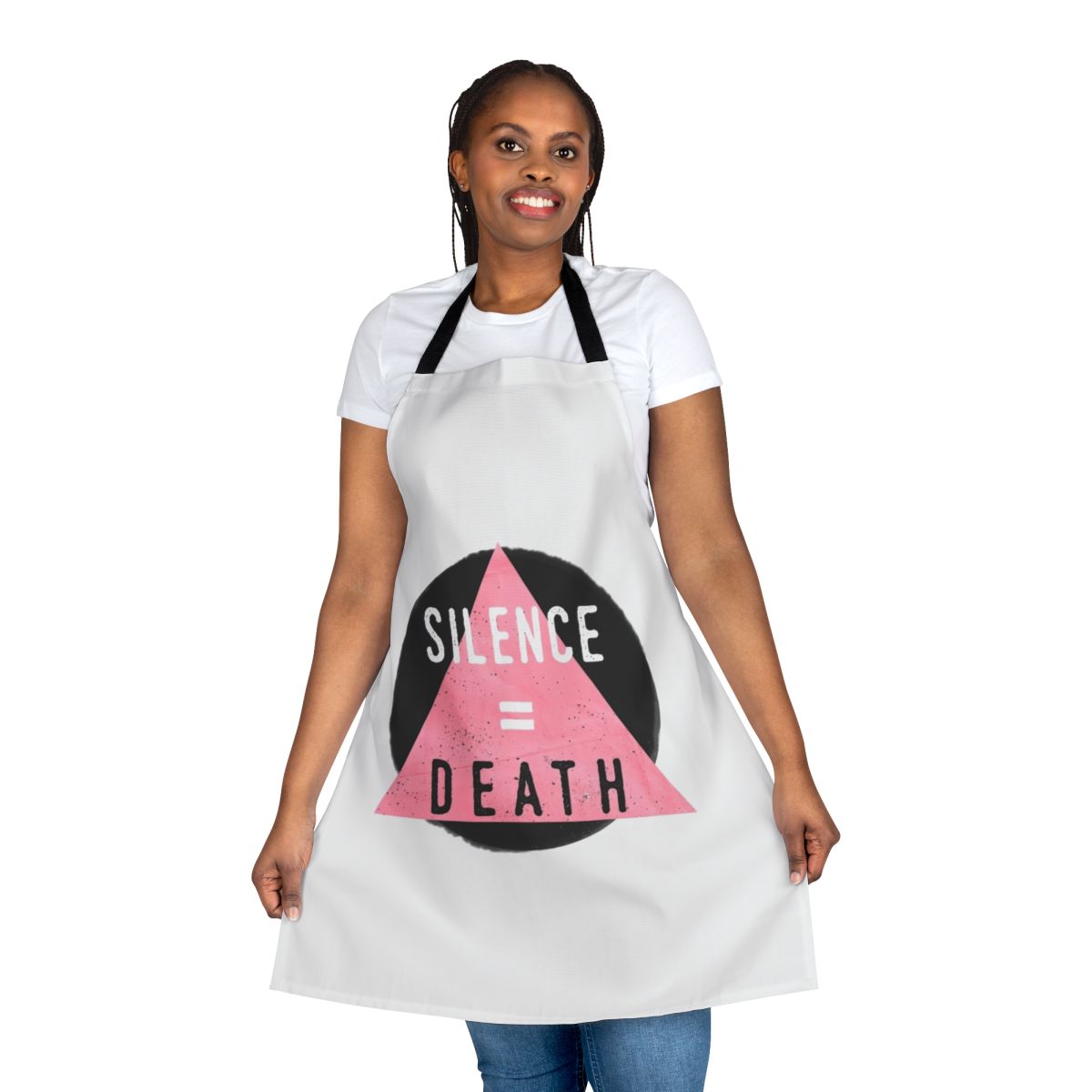 Queer pride apron with "Silence = Death" design