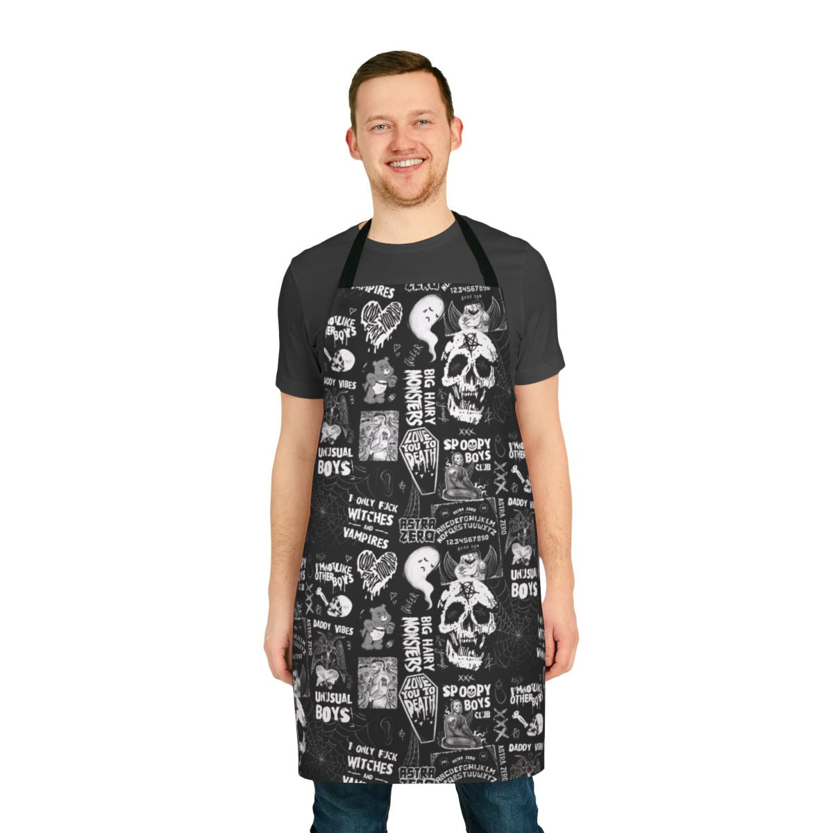 Queer punk-inspired apron with gothic and occult designs