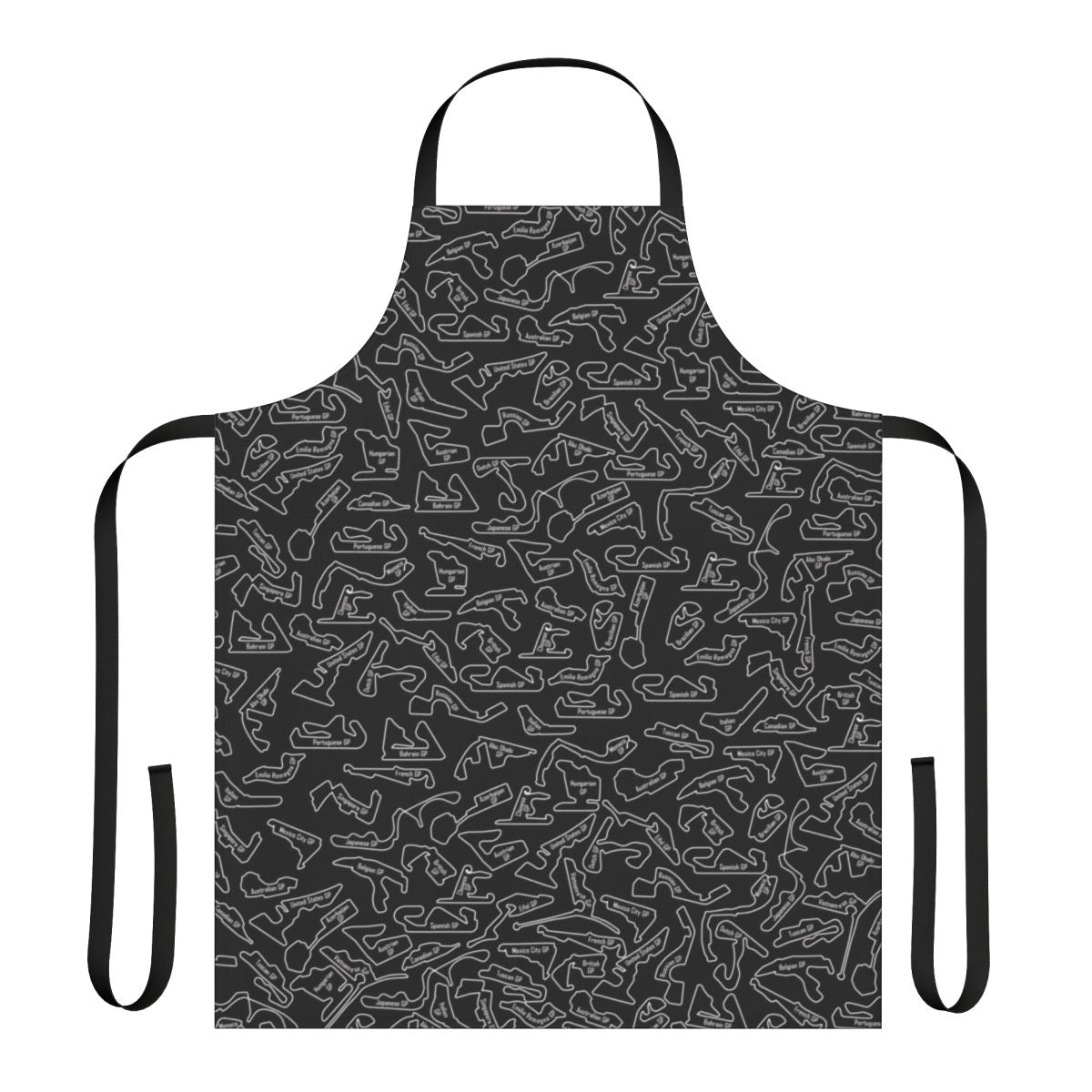 Apron with a dynamic race circuit pattern design, perfect for motorsports fans.