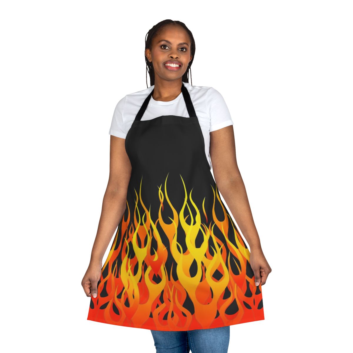 A high-quality apron featuring a bold, realistic racing flames design for car enthusiasts.