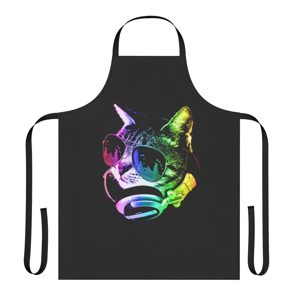 A vibrant, rainbow-colored cat wearing headphones, a fun and whimsical design for a high-quality apron.