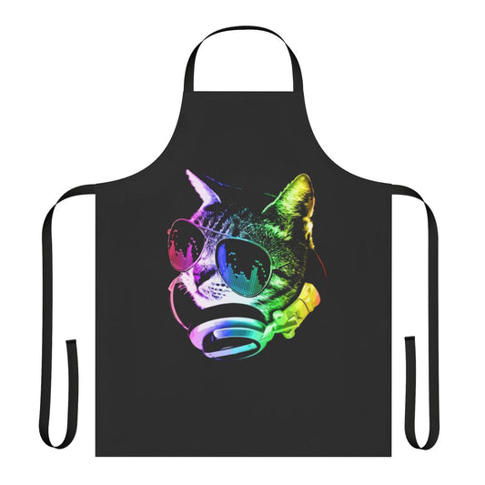 A vibrant, rainbow-colored cat wearing headphones, a fun and whimsical design for a high-quality apron.