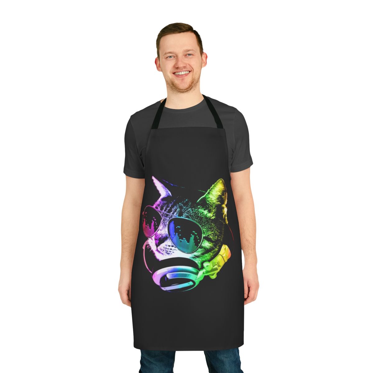 A vibrant, rainbow-colored cat wearing headphones, a fun and whimsical design for a high-quality apron.