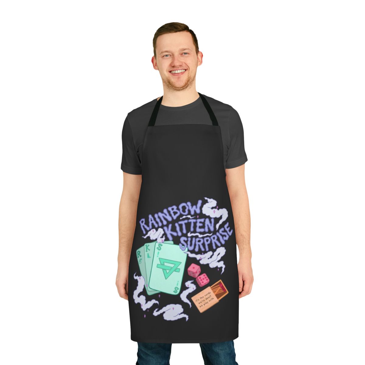 Rainbow Kitten Surprise inspired apron with skeleton art and cute cat design