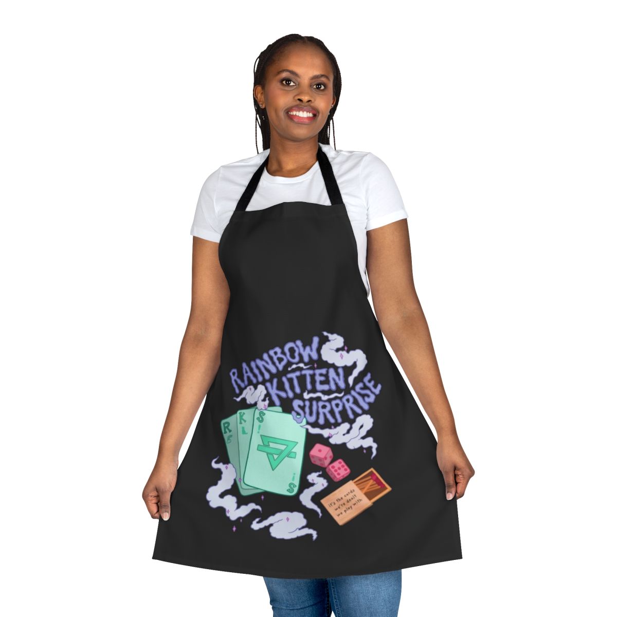 Rainbow Kitten Surprise inspired apron with skeleton art and cute cat design