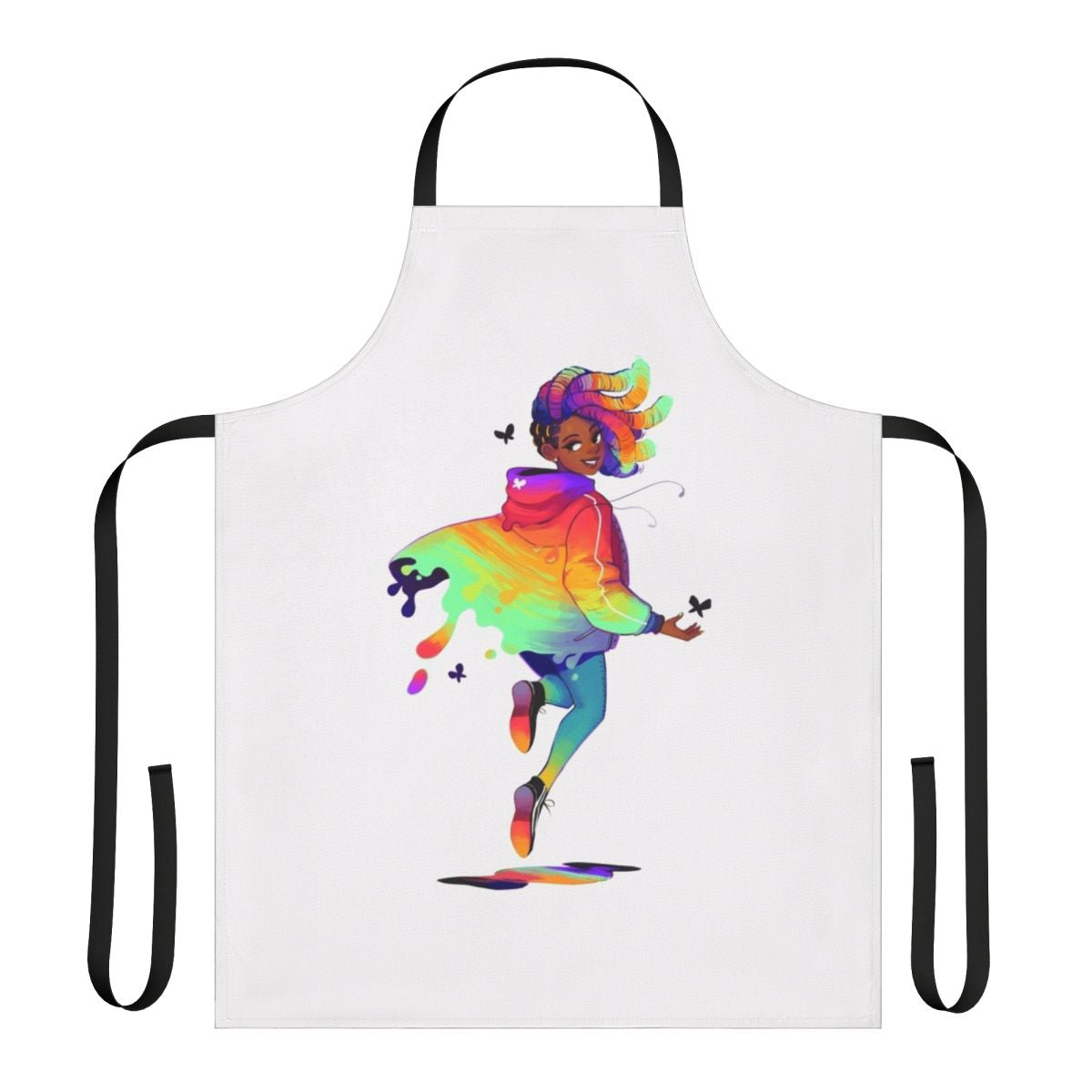 A person wearing a black and white graphic raincoat-style apron.