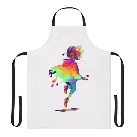 A person wearing a black and white graphic raincoat-style apron.