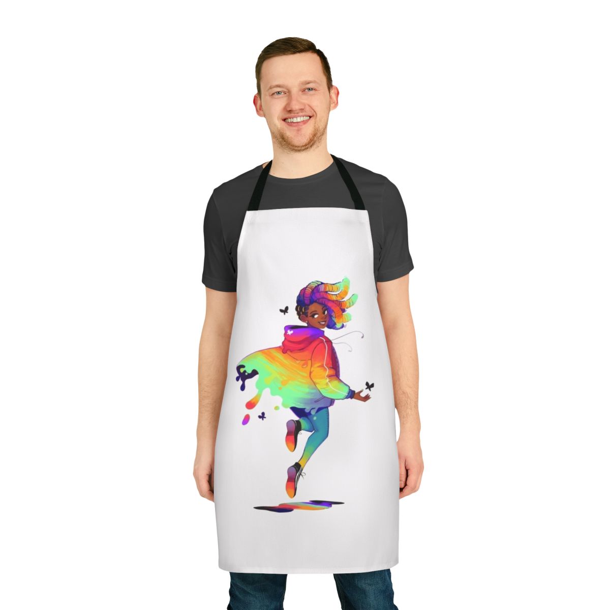 A person wearing a black and white graphic raincoat-style apron.