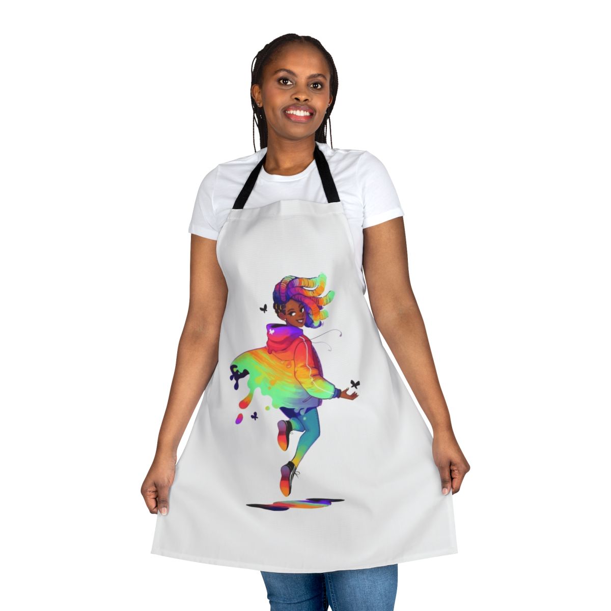 A person wearing a black and white graphic raincoat-style apron.
