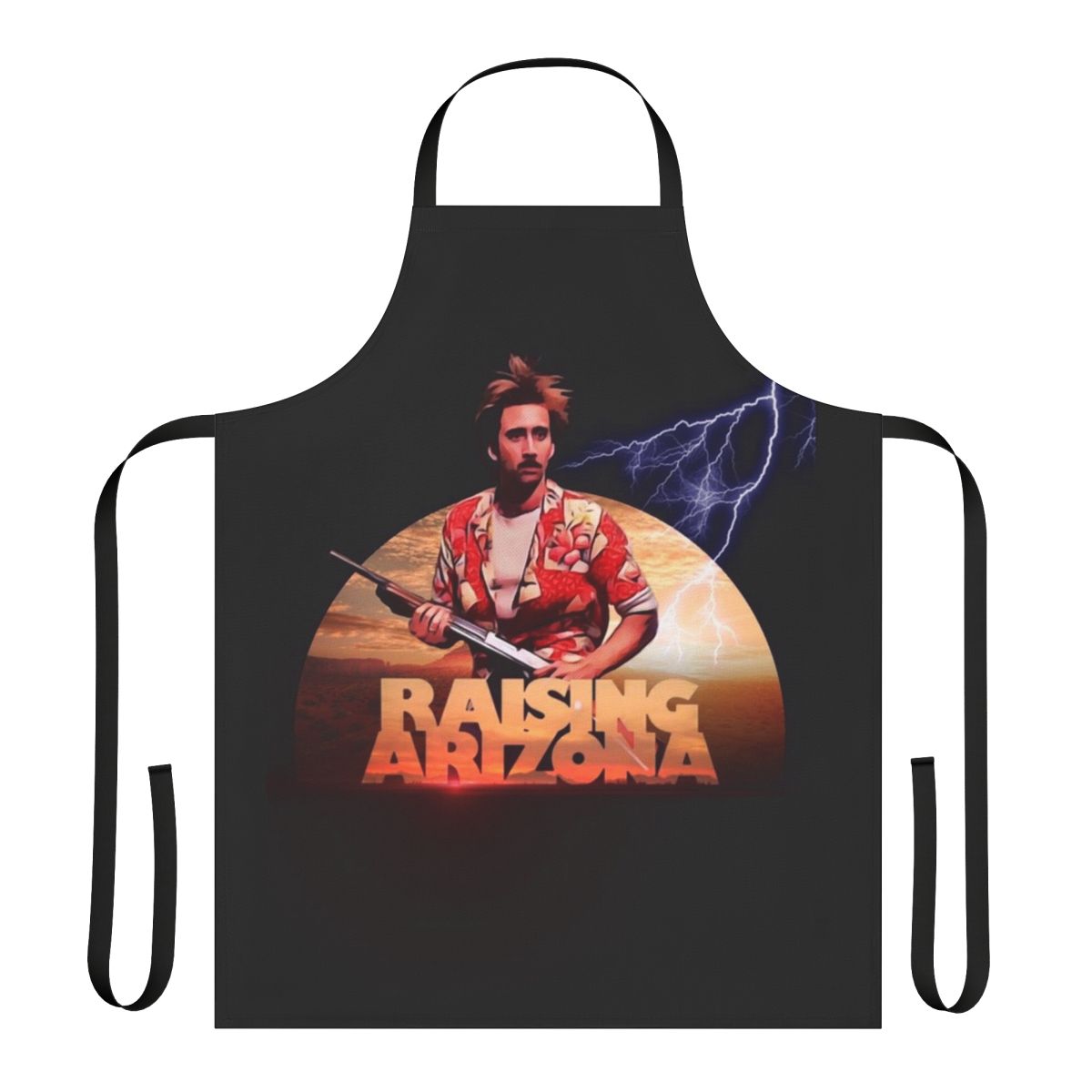 Raising Arizona inspired apron featuring a graphic design with iconic imagery from the beloved Nicholas Cage film.