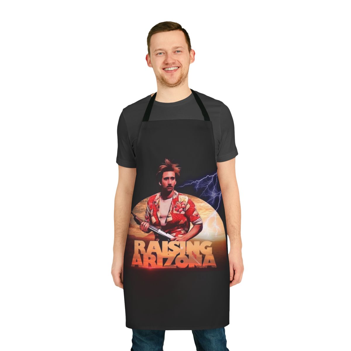 Raising Arizona inspired apron featuring a graphic design with iconic imagery from the beloved Nicholas Cage film.