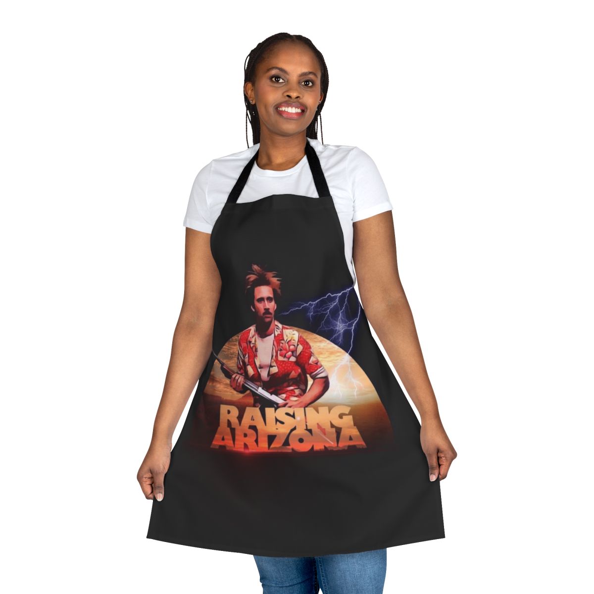 Raising Arizona inspired apron featuring a graphic design with iconic imagery from the beloved Nicholas Cage film.