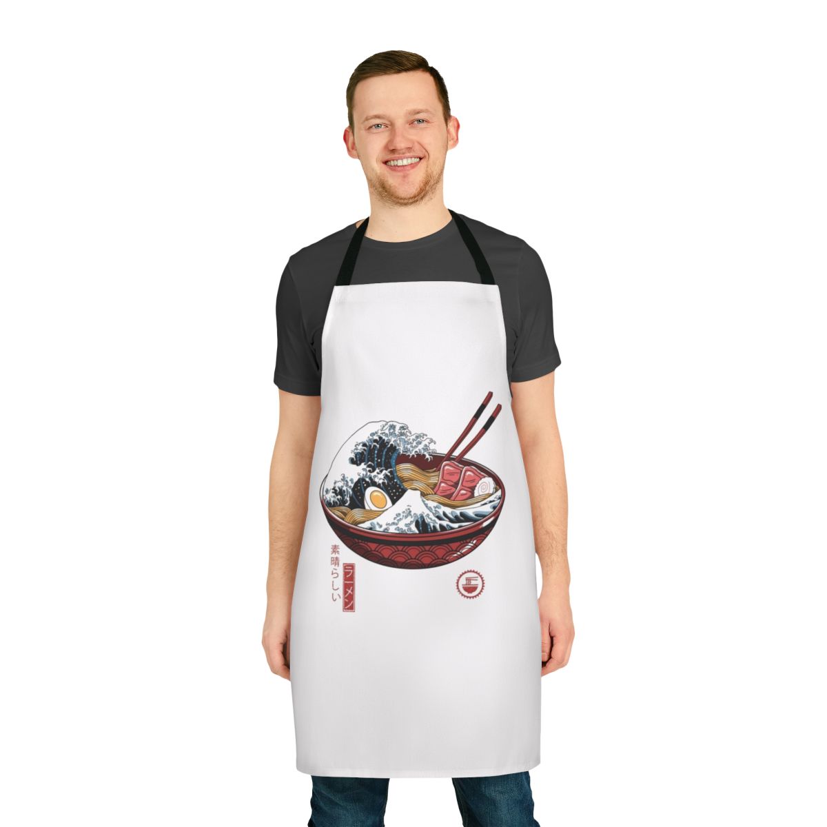 Ramen bowl apron featuring the iconic "Great Wave off Kanagawa" design by Hokusai
