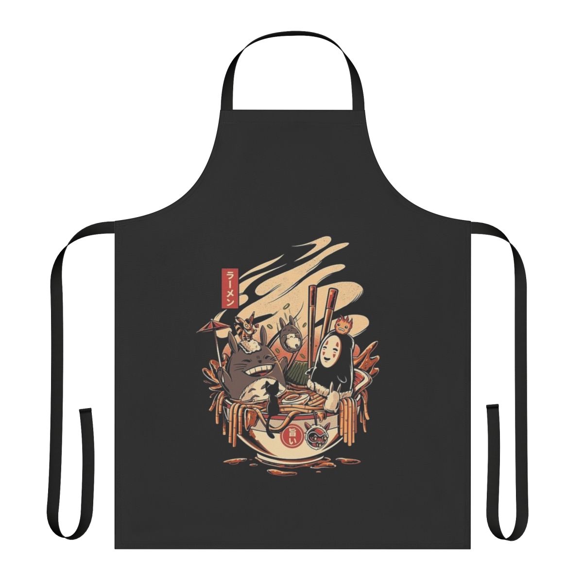 Ramen-themed apron with cartoon illustrations of ramen bowls and noodles