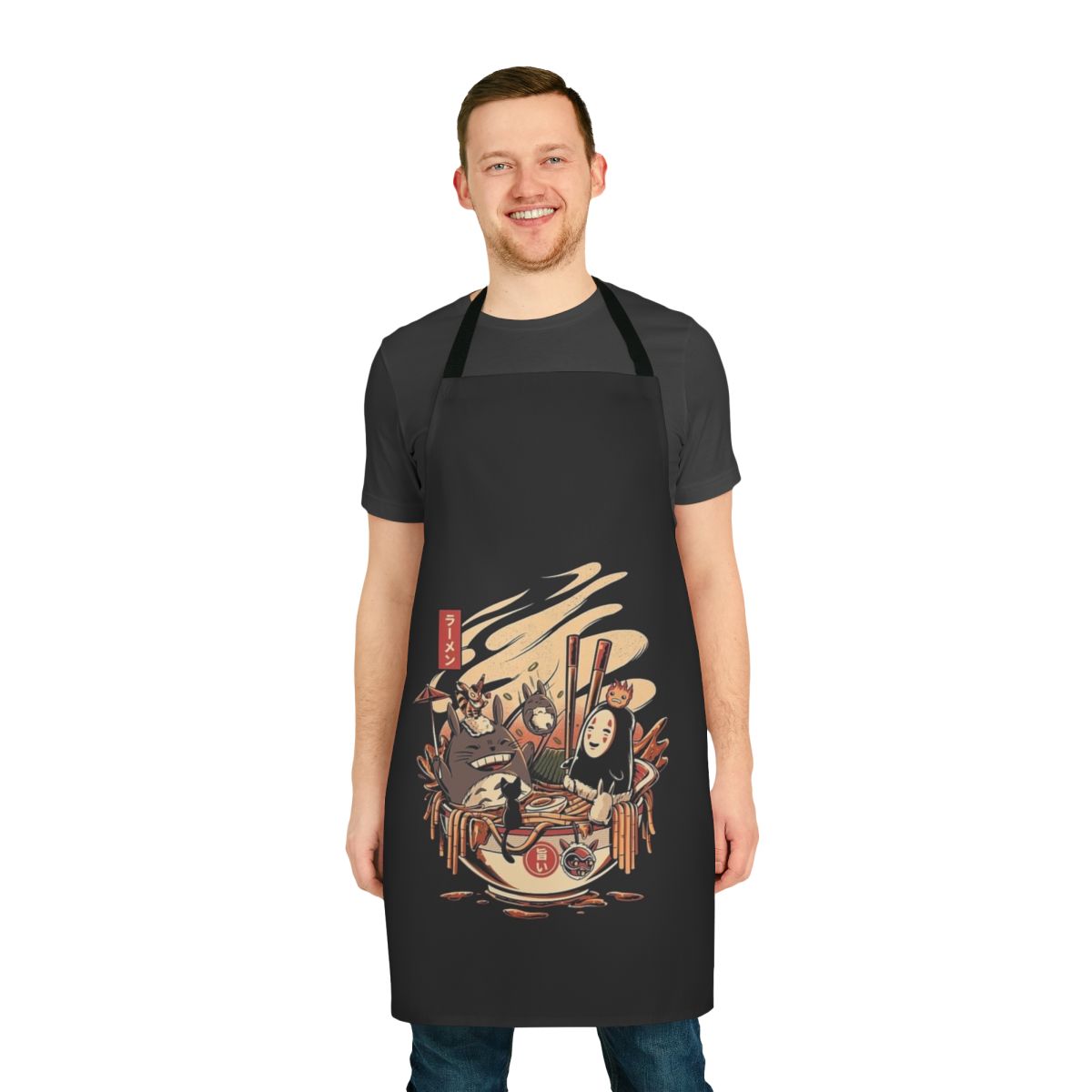 Ramen-themed apron with cartoon illustrations of ramen bowls and noodles