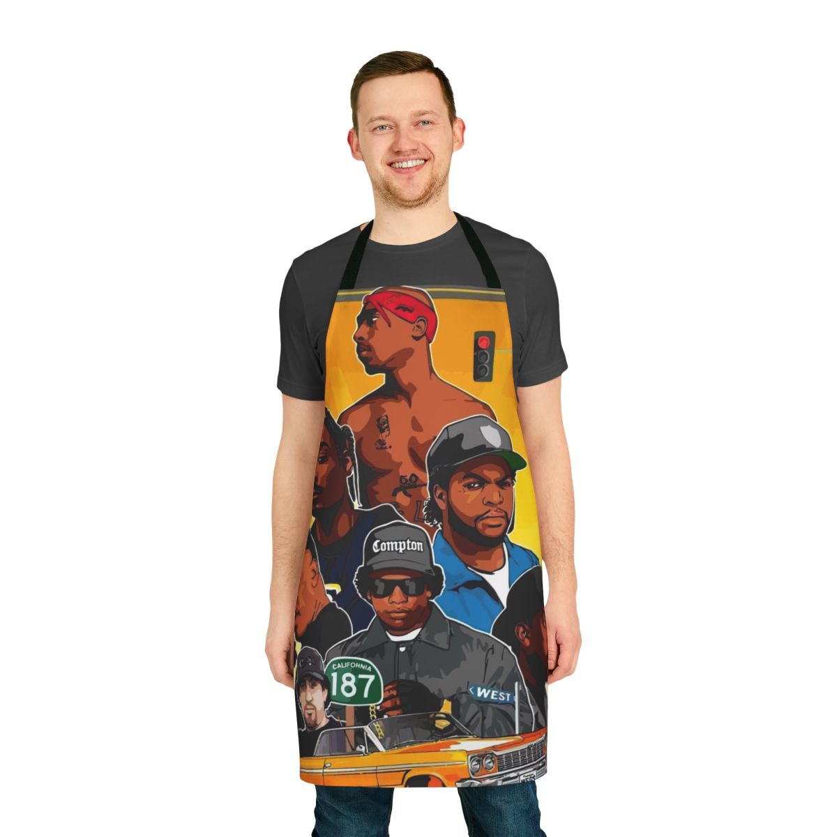A modern, custom rap-inspired apron for hip hop and music fans