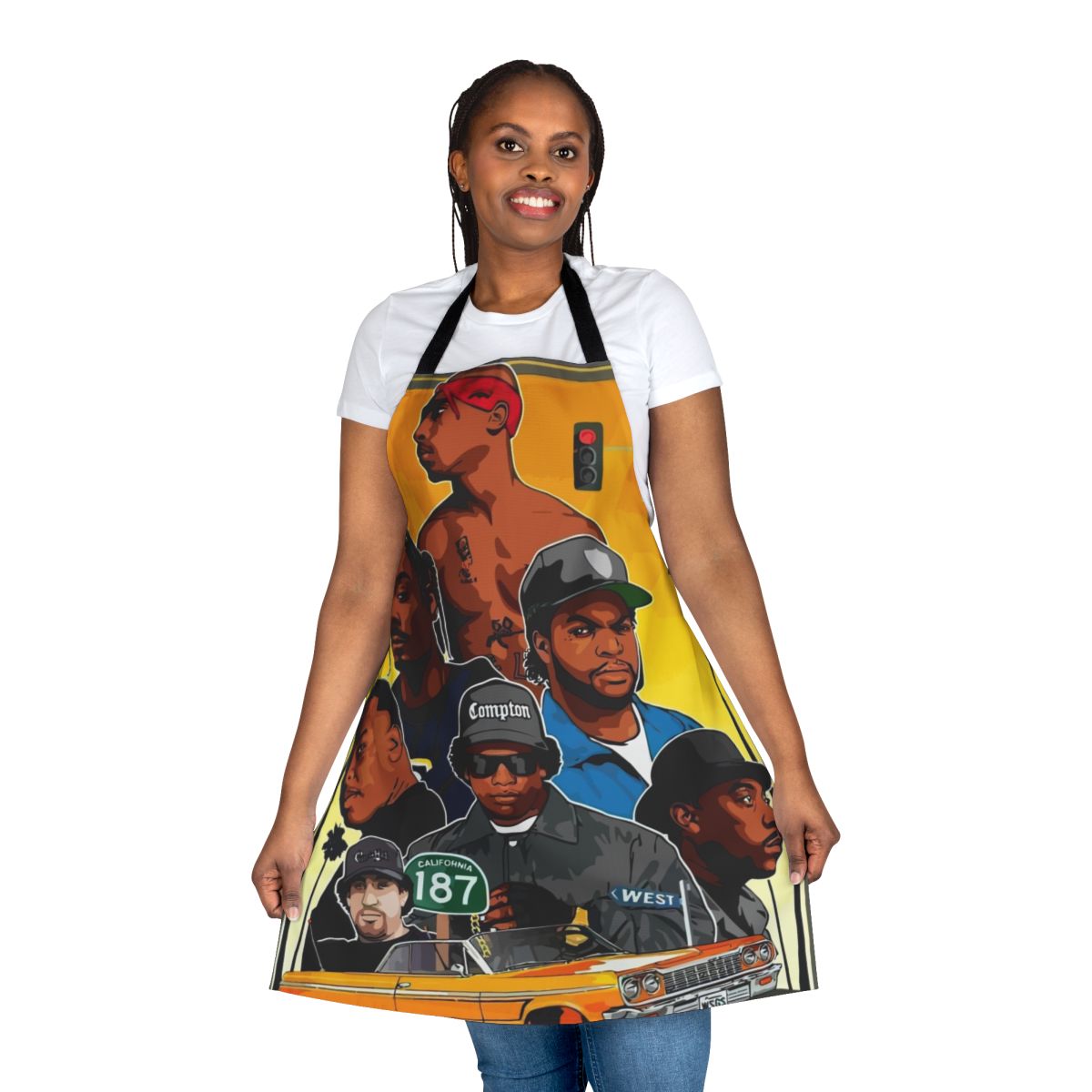 A modern, custom rap-inspired apron for hip hop and music fans