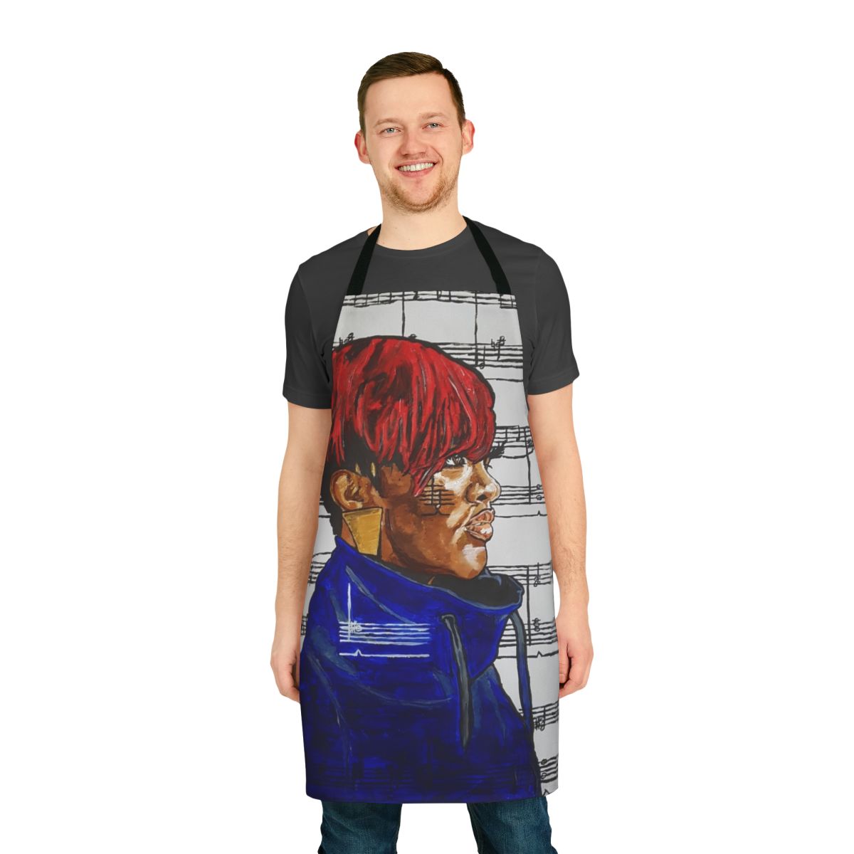 Rapsody-inspired apron with hip hop graphics and bold colors