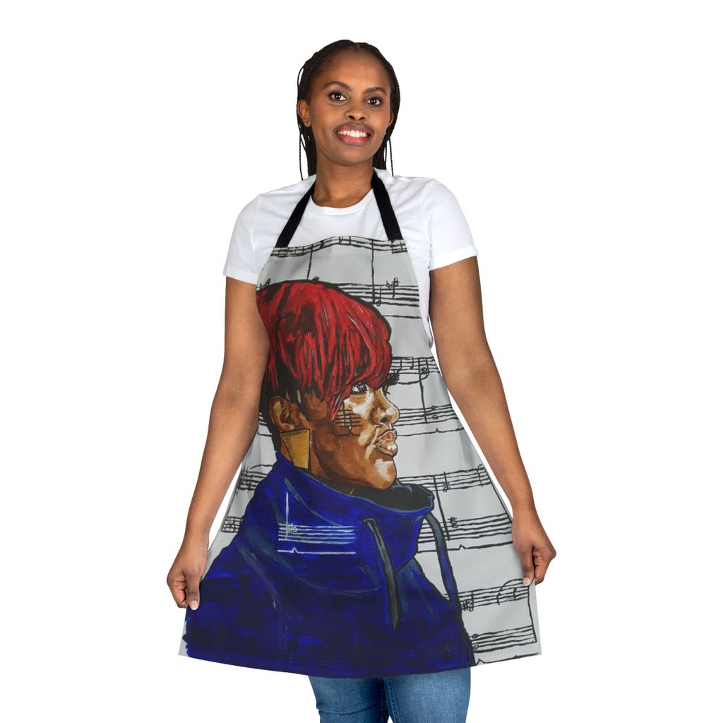 Rapsody-inspired apron with hip hop graphics and bold colors