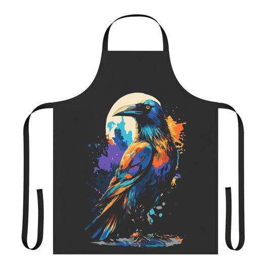 Monochrome raven and crow graphic design on an apron