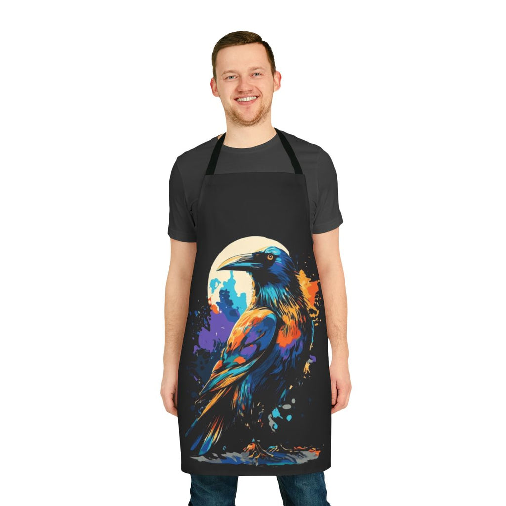 Monochrome raven and crow graphic design on an apron