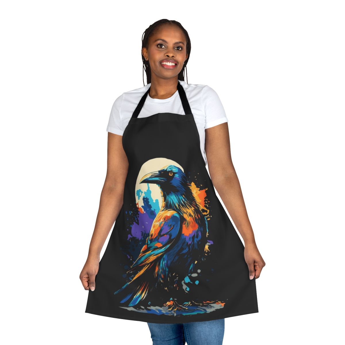 Monochrome raven and crow graphic design on an apron