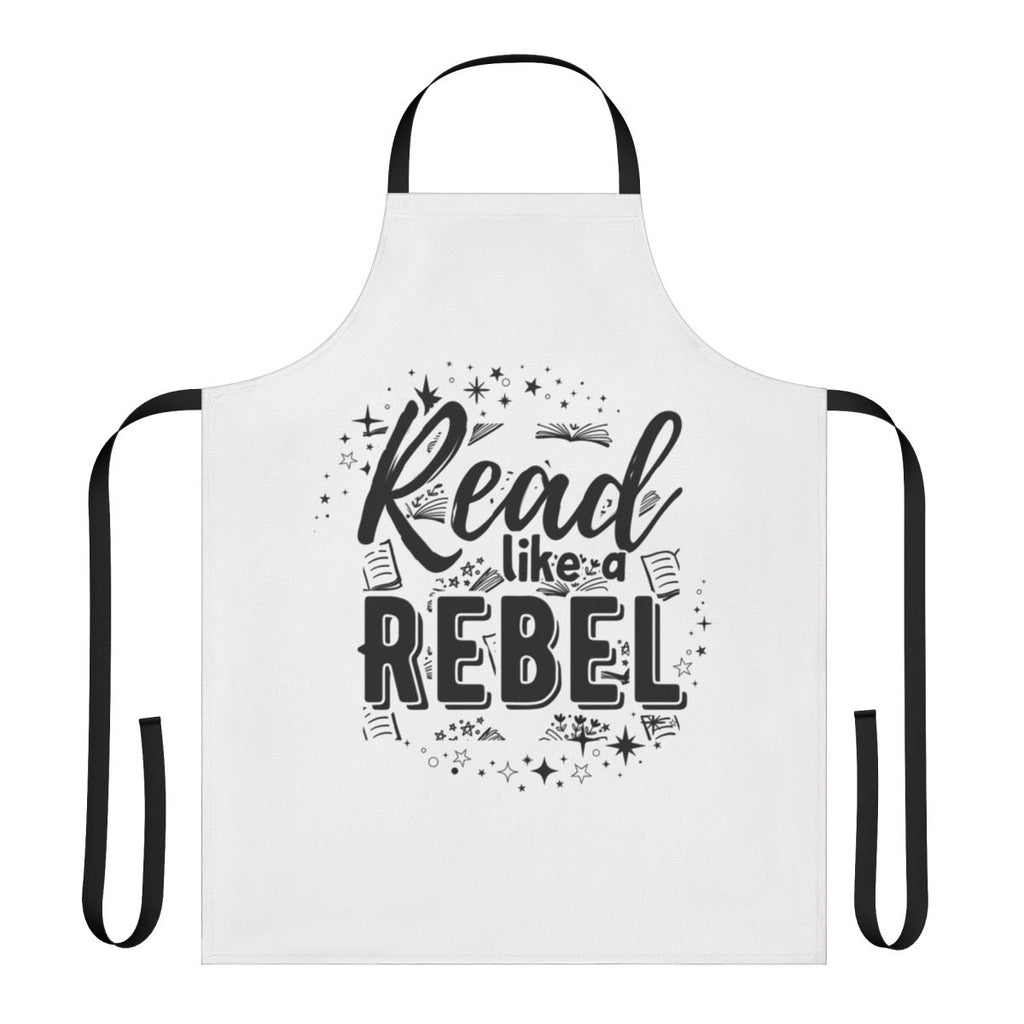 Stylish apron with "Read Like a Rebel" design, perfect for book lovers and reading enthusiasts