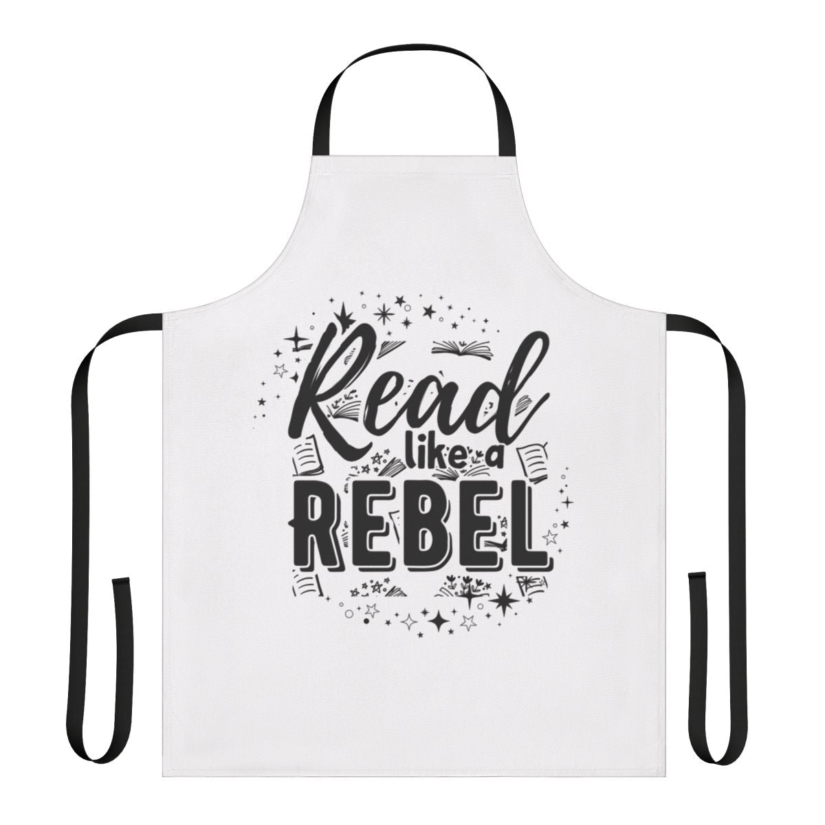 Stylish apron with "Read Like a Rebel" design, perfect for book lovers and reading enthusiasts