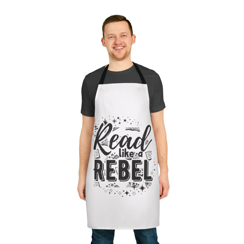 Stylish apron with "Read Like a Rebel" design, perfect for book lovers and reading enthusiasts